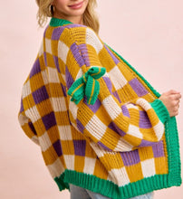 Load image into Gallery viewer, Checkered mardi open front bow cardigan
