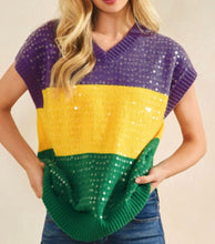 Load image into Gallery viewer, Sequin Mardi Gras sweater vest colorblock

