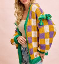 Load image into Gallery viewer, Checkered mardi open front bow cardigan
