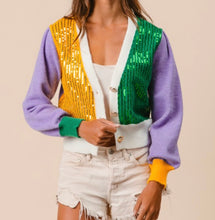 Load image into Gallery viewer, Mardi Gras sequin sweater cardigan
