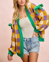 Load image into Gallery viewer, Checkered mardi open front bow cardigan
