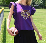 Purple/gold ruffle tiger top