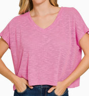 Candy pink vneck shoulder drop crop