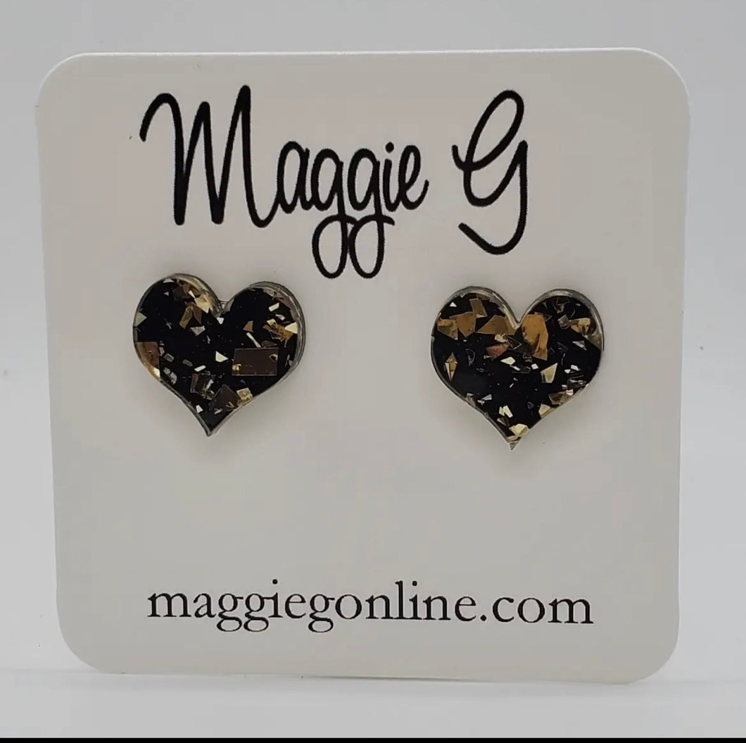 Black/gold heart studs