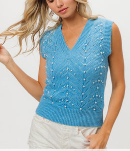 Chevron blue knit pearl top