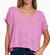 Bright mauve Vneck shoulder drop crop