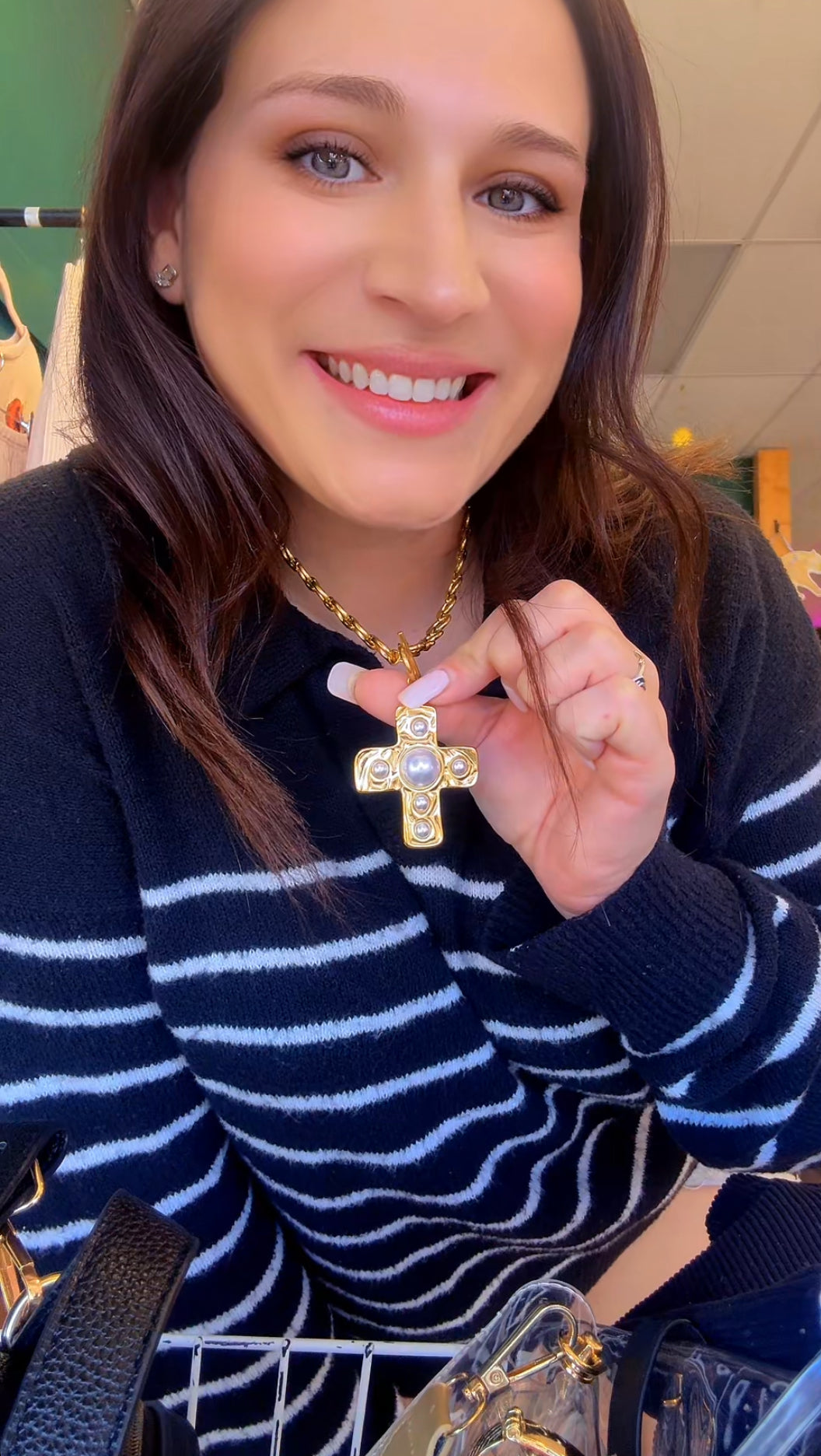 Gold pearl cross necklace