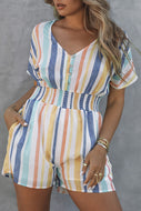 Striped Print V-neck Button Romper