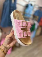 Pink raffia slip ons